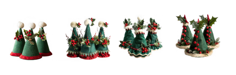 A series of four festive christmas trees with varying decorations and styles presented on transparent background