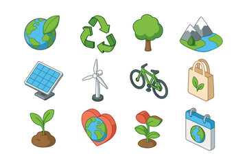 Eco-friendly icons set featuring nature and renewable energy in isometric style