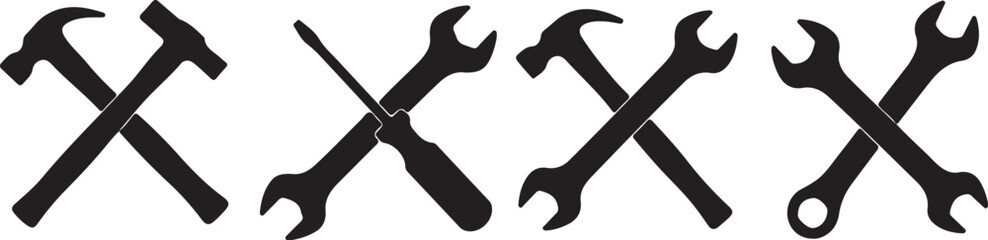 Crossed silhouette tools hammer and wrenches spanner screwdriver also transparent background