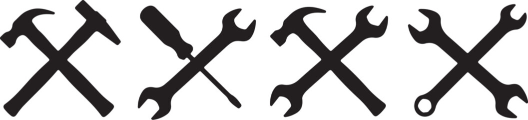 Crossed silhouette of tools hammer wrench also transparent background