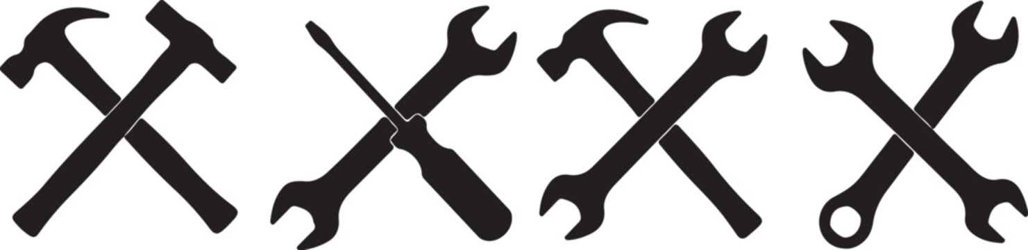 Crossed silhouette tools hammer and wrenches spanner screwdriver also transparent background