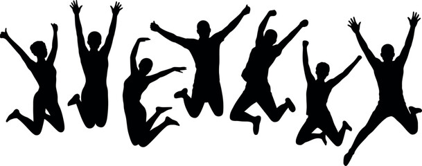 silhouettes of people jumping up in the air with arms raised high