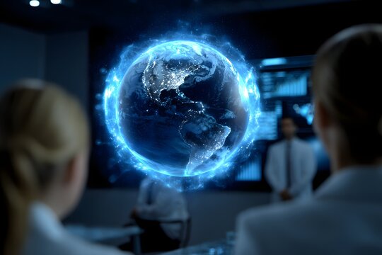 Business professionals analyzing global data on a futuristic digital display in a conference room. - Powered by Adobe