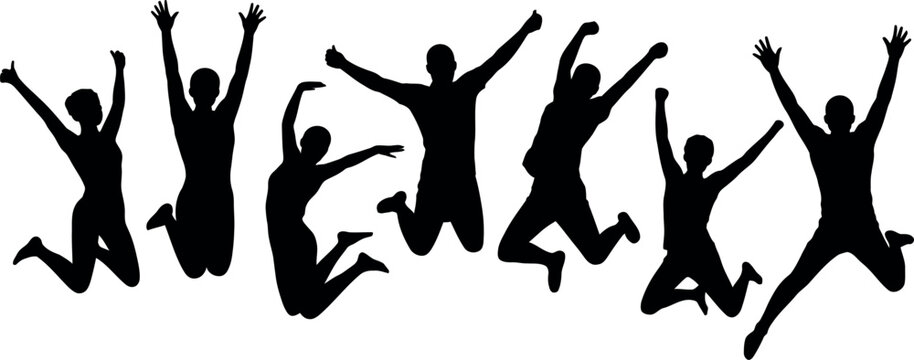 silhouettes of people jumping up in the air with arms raised high