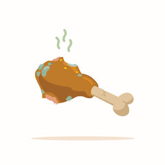 Illustration of rotten chicken thigh in flat style, disease-carrying food isolated. A piece of moldy garbage. Leftover food.