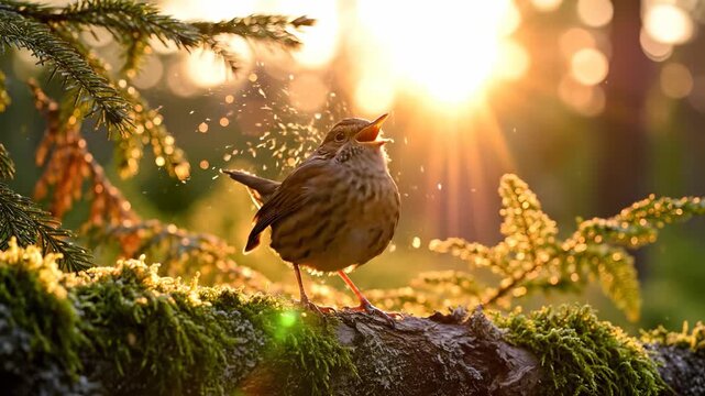 A cheerful bird sings on a moss-covered log, illuminated by the soft glow of the setting sun. The scene captures the joyful song of the bird while droplets shimmer in the light.