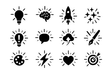 Obraz premium Creative icons set: innovation, communication, and inspiration in silhouette design