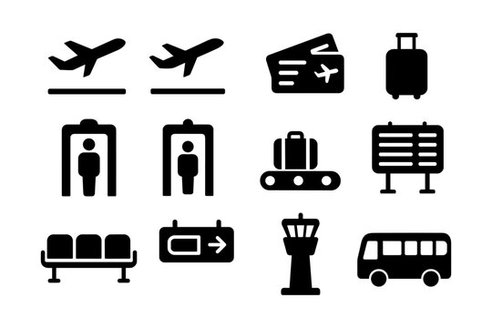 Black silhouette icons set for airport and travel design projects