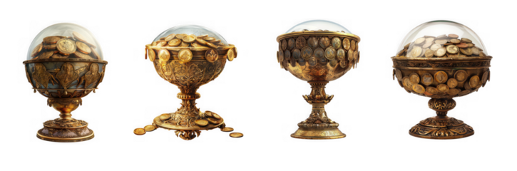 a collection of four ornate golden chalices filled with coins showcasing intricate details on transparent background