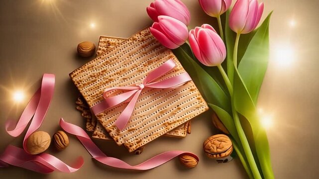 Passover Matzah and Tulips Arrangement with Nuts and Ribbon.