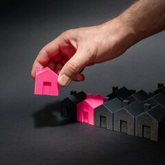 The image shows a house icon being placed by someone's hand
