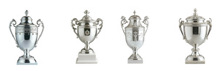 a collection of four ornate silver trophies displayed in a row each with unique detailing on transparent background