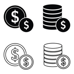 Dollar coins and stacks in various styles