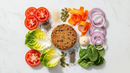 Fresh vegetables and burger patty