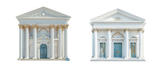 Detailed architectural elements of neoclassical building facades with columns and pediments are showcased on transparent background