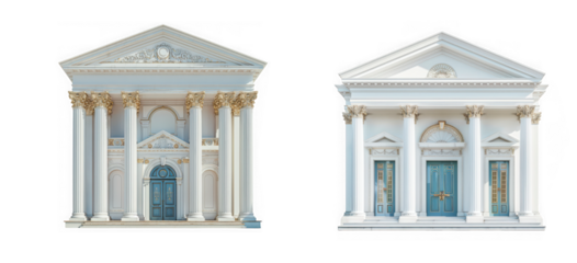 Detailed architectural elements of neoclassical building facades with columns and pediments are showcased on transparent background