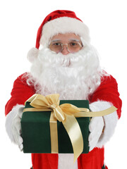 Santa Claus with Christmas gift on white background