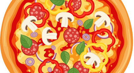 A delicious pizza with pepperoni, mushrooms, peppers, and onions.