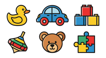 Collection of colorful children's toy icons on a white background.
