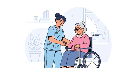 Nurse assisting an elderly patient in a wheelchair.