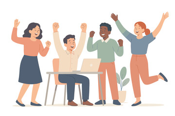 Naklejka premium Happy team celebrating success at work with laptops and high fives