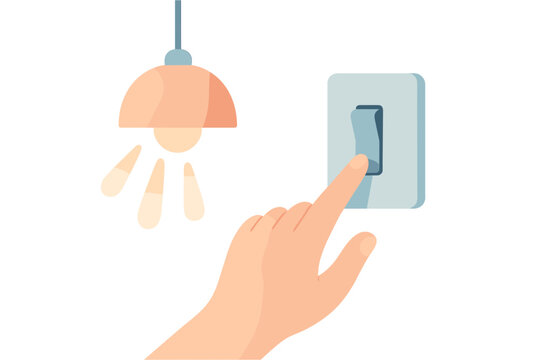 Finger touching light switch to turn on lamp in minimalist flat design