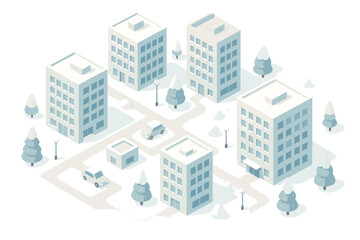 Modern isometric winter cityscape with buildings and trees