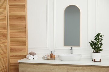 Fototapeta premium Stylish mirror, vessel sink and houseplant in bathroom. Interior design