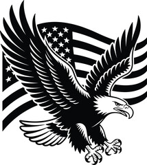 American Eagle with USA Flag Black and White Vector Patriotic Illustration