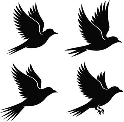 Flying Bird Silhouette Set, Black Bird Vector Illustration Isolated on White Background
