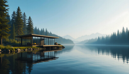 Fototapeta premium Serene lakeside cabin in mountainous forest
