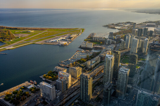 Downtown waterfront skyline with Billy Bishop Toronto City Airport in Toronto