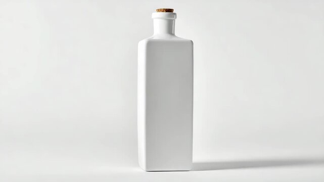 Tall white ceramic bottle with cork stopper in minimalist style on plain white background, concept of modern kitchenware or decor