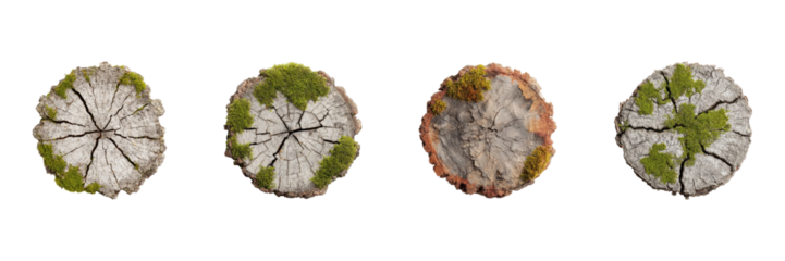 Tree Cross-Section With Moss Set. Natural Texture And Growth Patterns Collection Isolated On Transparent Background