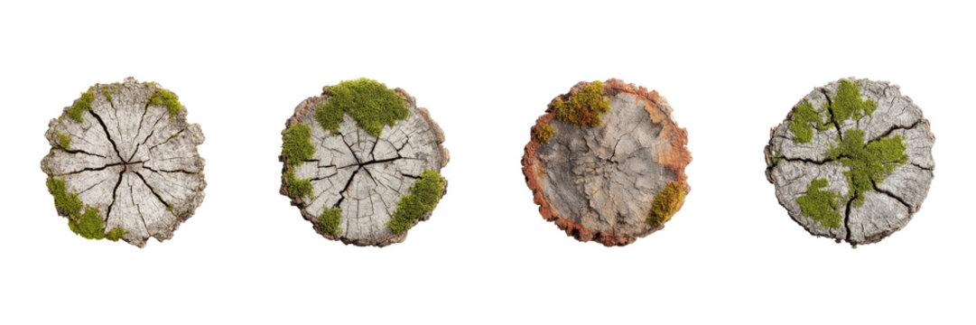 Tree Cross-Section With Moss Set. Natural Texture And Growth Patterns Collection Isolated On Transparent Background - Powered by Adobe
