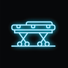 Bright blue neon sign depicting a hospital gurney stretcher, commonly used for patient transport in medical settings