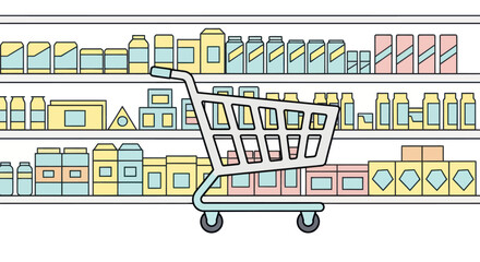 Shopping cart in front of colorful grocery store shelves