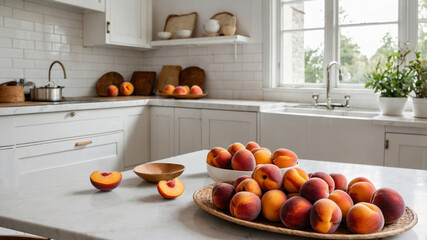 Peaches are scattered on the table in the bright kitchen