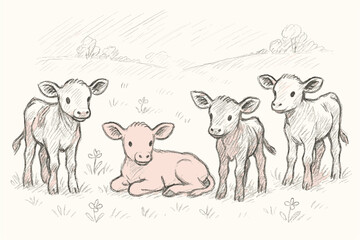 Obraz premium Hand drawn calf quartet in pastoral setting with pencil sketch style