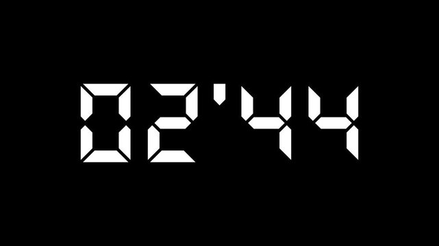 Stopwatch numbers counting from 3 minute digital countdown, minutes, seconds, decimal point, timer, alpha channel