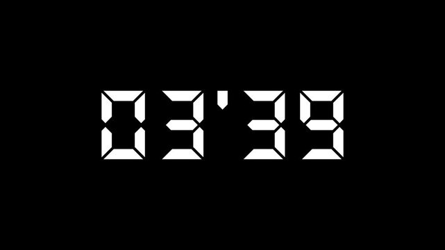 Stopwatch numbers counting from 4 minute digital countdown, minutes, seconds, decimal point, timer, alpha channel