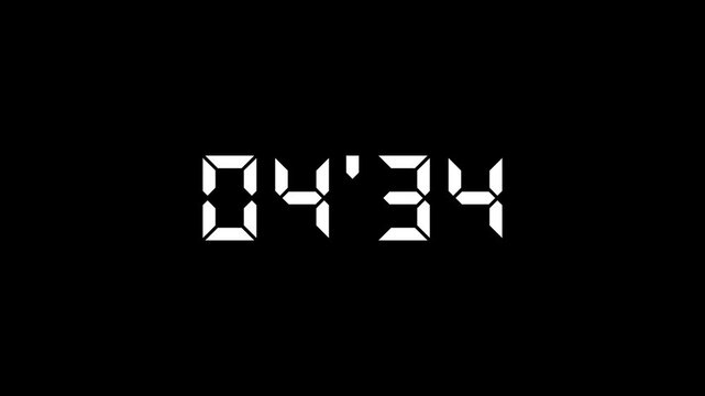 Stopwatch numbers counting from 5 minute digital countdown, minutes, seconds, decimal point, timer, alpha channel