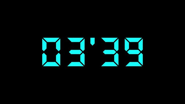 Stopwatch numbers counting from 4 minute digital countdown, minutes, seconds, decimal point, timer, alpha channel