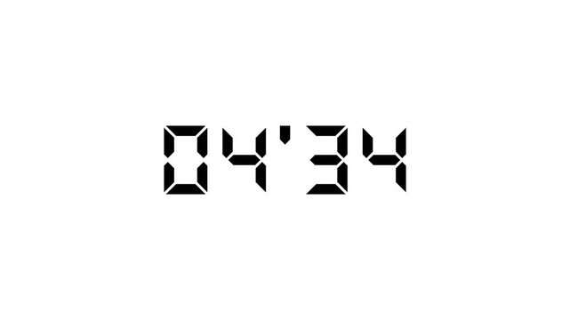 Stopwatch numbers counting from 5 minute digital countdown, minutes, seconds, decimal point, timer, alpha channel