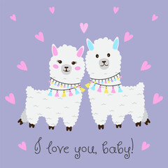 Obraz premium Love message, cute llamas, Valentine's Day card