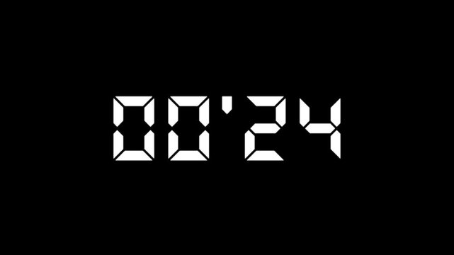 Stopwatch digits counting from 30 to 0 seconds, digital, countdown, decimal point, timer, alpha channel.