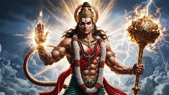 Intense digital illustration of the muscular hindu god hanuman holding a golden mace against a stormy, lightning-filled sky.
