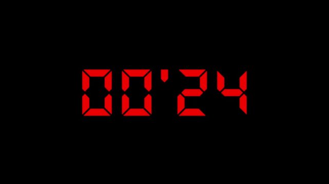 Stopwatch digits counting from 30 to 0 seconds, digital, countdown, decimal point, timer, alpha channel.