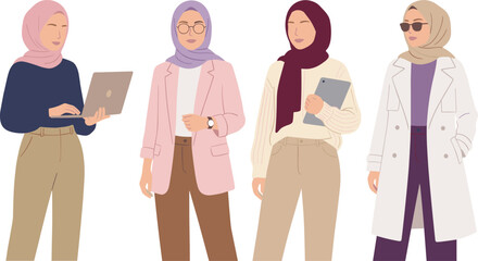 Hijabi fashion illustration, modern professional attire, diverse women, stylish clothing, inclusive design, cad drawing flat vector illustration