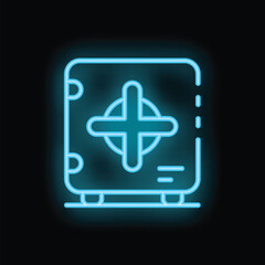 Glowing neon line medical first aid kit icon isolated on black background. Emergency medical box. Colorful outline concept. Vector illustration